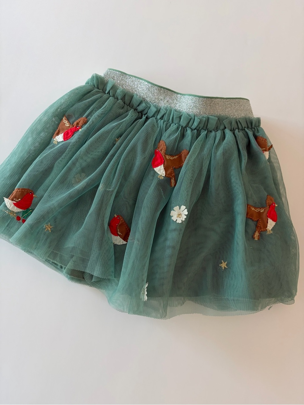 Mini Boden holiday sage green skirt with Red Robin appliqués